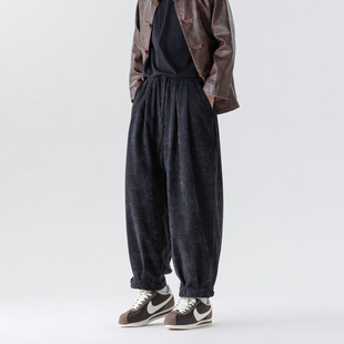 双面雪尼尔裤子男直筒宽松哈伦裤新中式盘扣灯笼裤秋季高端休闲裤