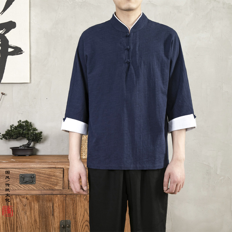 中国风棉麻休闲唐装t恤中式撞色翻袖盘扣汉服民族风七分袖茶服t恤