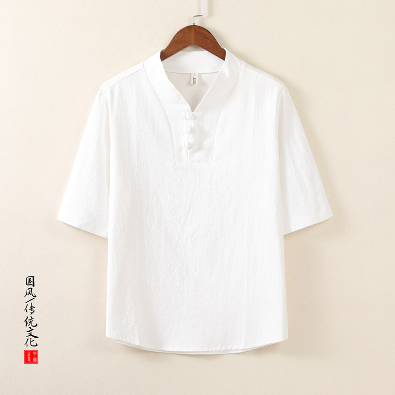 夏季V领棉麻短袖T恤男复古盘扣唐装男款2026新款中国风五分袖上衣图片