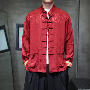 红色衬衫男长袖提花中山装外套秋季中国风刺绣衬衣中式唐装汉服
