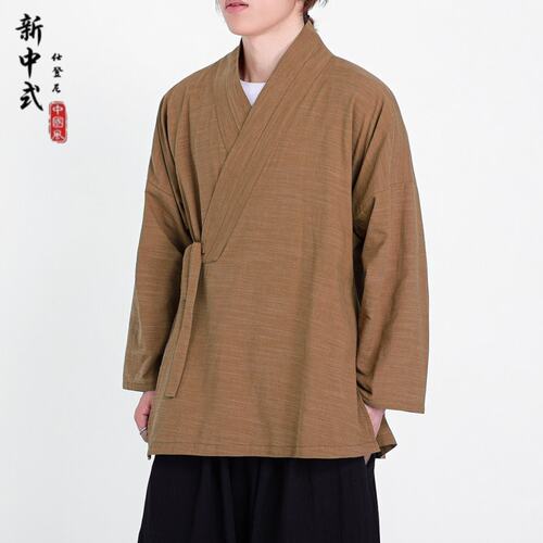新中式斜襟汉服男式长袖交领系带道袍宽松禅意居士服明制中式长衫