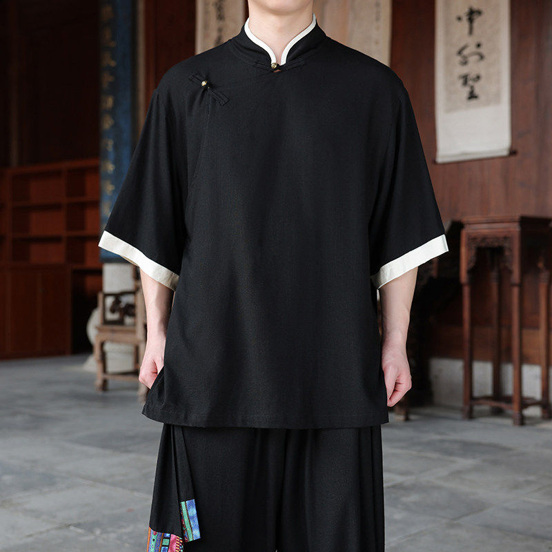 新中式斜襟太极服短褂上衣男夏季亚麻短袖衬衫中国风改良汉服道袍