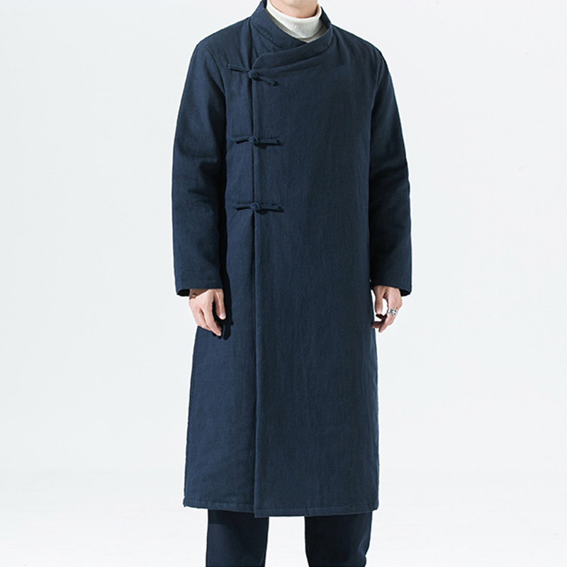 中国风男装超长款棉衣羽绒棉服冬装外套加厚斜襟盘扣棉袄道袍道服