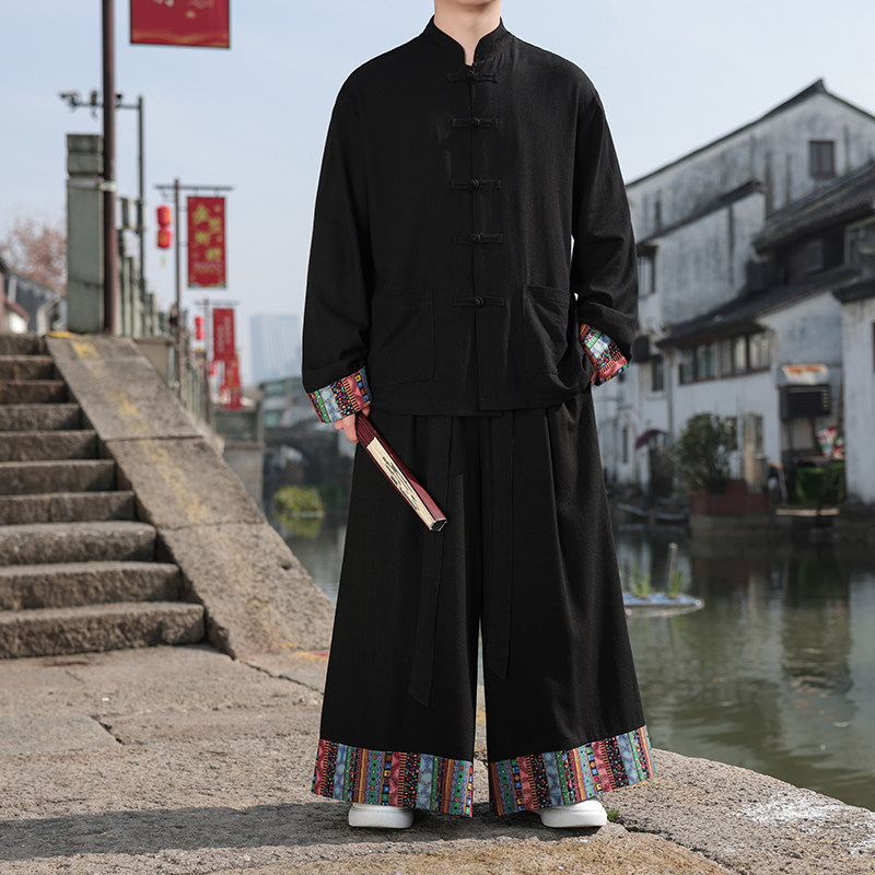 民族风印花唐装套装男中国风亚麻长袖衬衫复古宽松阔腿裙裤两件套