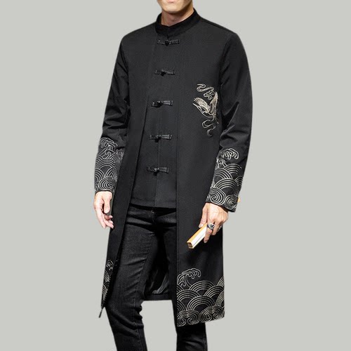 秋季中长款男士汉服男刺绣风衣唐装男上衣外套中国风大衣复古长衫