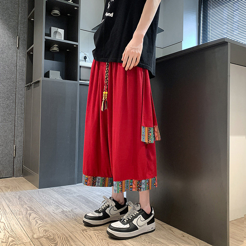 中国风亚麻阔腿七分裤男夏季薄款民族风花裤子大码宽松灯笼运动裤