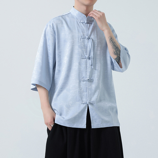 新中式2025夏季冰丝短袖衬衫男款中国风复古立领上衣汉服唐装衬衣