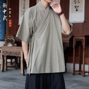 夏季汉服男五分袖短款风衣民族风居士服茶服中袖中国风披风开衫