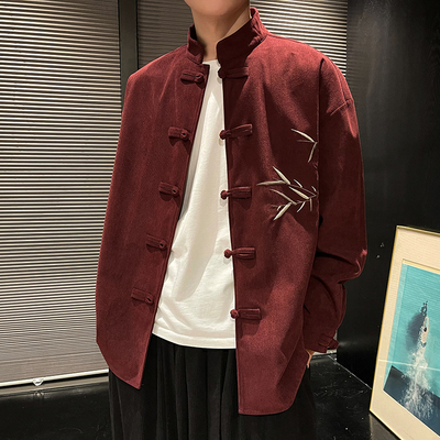 新中式刺绣立领盘扣长袖衬衫男