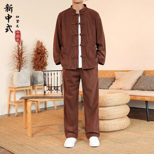 中国风男式灯芯绒套装中式复古唐装春秋季青年中山装复古服装潮