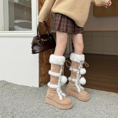 6cm 东北加绒厚底雪地靴女冬季内增高显瘦绑带长筒靴不过膝骑士靴