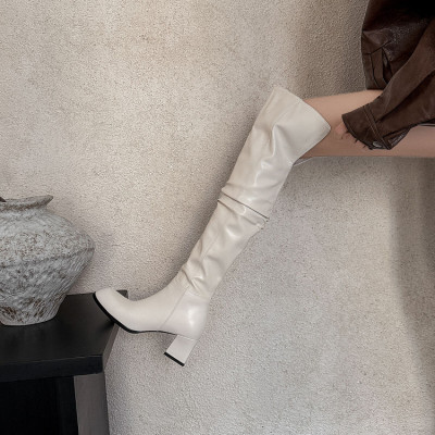 新白色过膝靴真皮大筒围长靴高跟粗跟尖头小个子骑士靴粗腿长筒靴