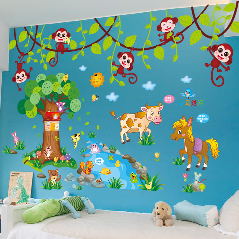 卡通动物小马过河墙贴纸儿童房创意墙上装饰幼儿园墙纸自粘3d立体