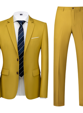 西服套装男商务休闲结婚双扣两件套草黄色工装上衣DK西裤直筒长裤