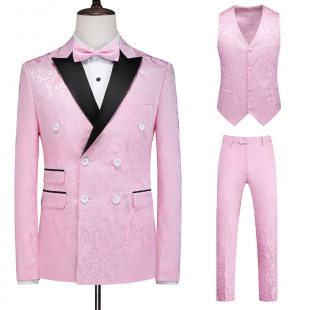 男士大码西服三件套纯色外贸粉色绅士新郎礼服节目主持人晚会服装