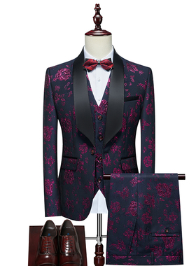 高级感男士晚礼服新郎套装男礼服西装三件套紫色提花西服婚礼裤子
