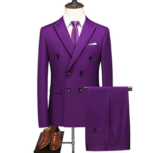 大码 合唱团深紫色休闲西装 西服两件套双排扣套装 春秋潮牌男士 裤 子