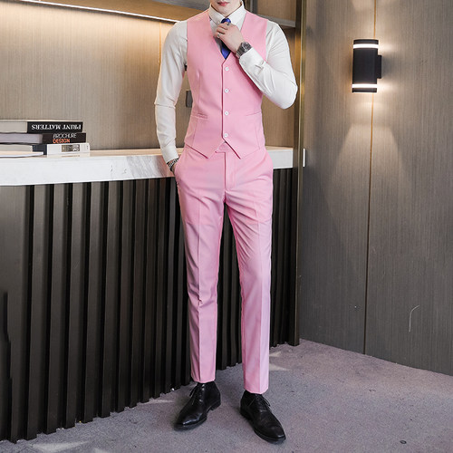 粉红色婚礼服西装裤潮流男装春季