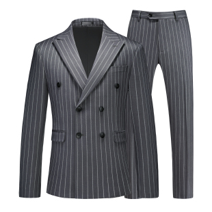 英伦双排扣西装 西服套装 两件套新郎结婚礼服 条纹戗驳领男式 新款
