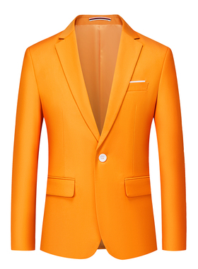 橘黄色男士商务休闲单件小西装韩版修身单西外套青少男装西服上衣