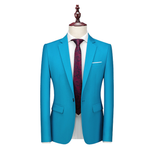 潮 商务西服痞帅青年春秋便西一粒扣西装 浅海蓝单西外套男修身 大码