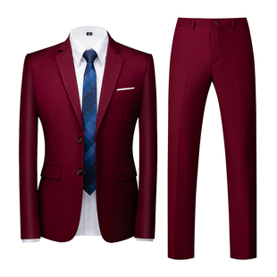 男两件套秋季 修身 免烫欧美风男装 酒红色西服套装 上衣潮流工装 西裤