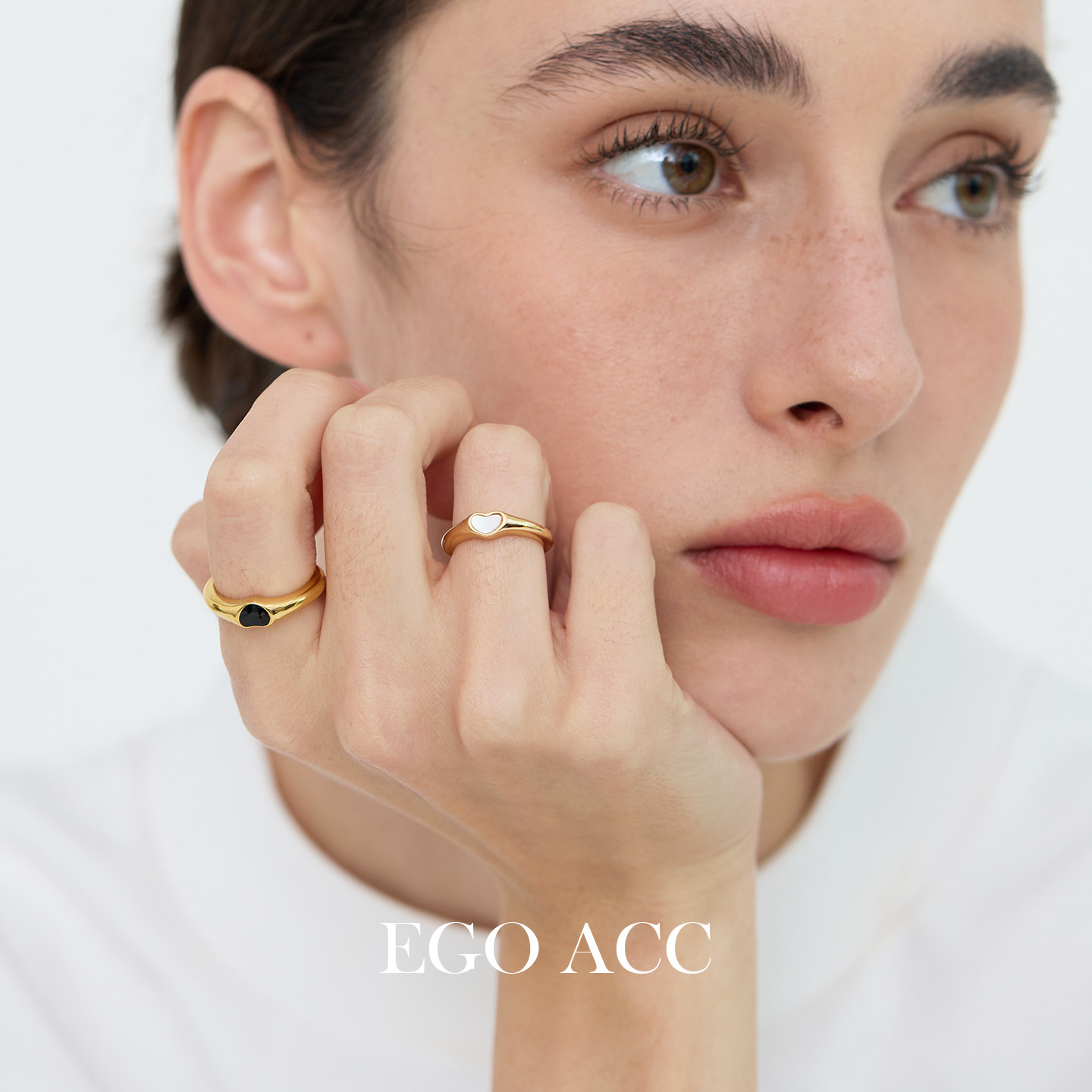 EGO ACC 法式ins风爱心戒指女精致白贝母黑锆石镶嵌情侣指环叠戴