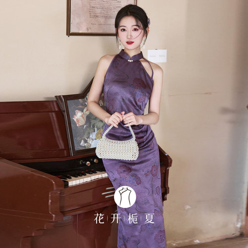 新中式改良无袖挂脖紫色旗袍