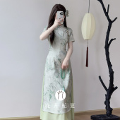国风绿色奥黛旗袍2026春夏新款 新中式 文艺禅意茶艺服 竹蝶