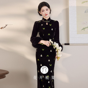 绝美新中式黑色丝绒旗袍冬装加绒加厚高端大气修身显瘦12/4