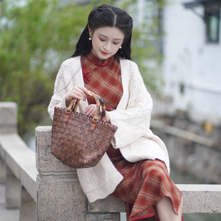 花开栀夏 加厚针织开衫旗袍外搭文艺宽松毛衣外套秋冬新款披肩