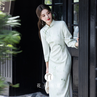 绝美气质年轻款 旗袍2026春款 连衣裙 国风素雅绿色长袖 新中式