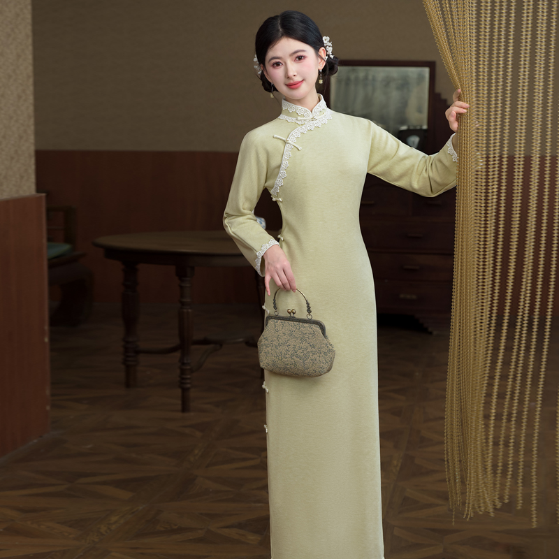 复古民国风绿色全开襟旗袍