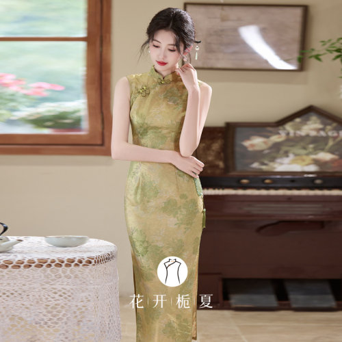 新中式改良绿色无袖旗袍日常可穿