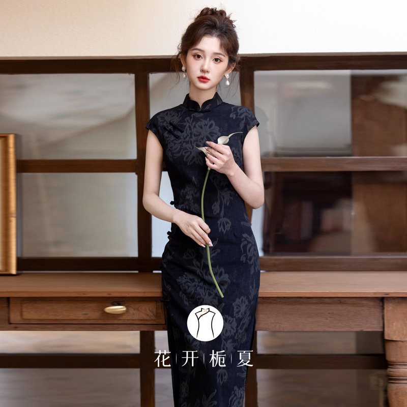 绝美气质藏青色无袖旗袍日常可穿