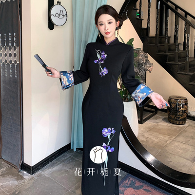 新中式国风黑色加绒旗袍