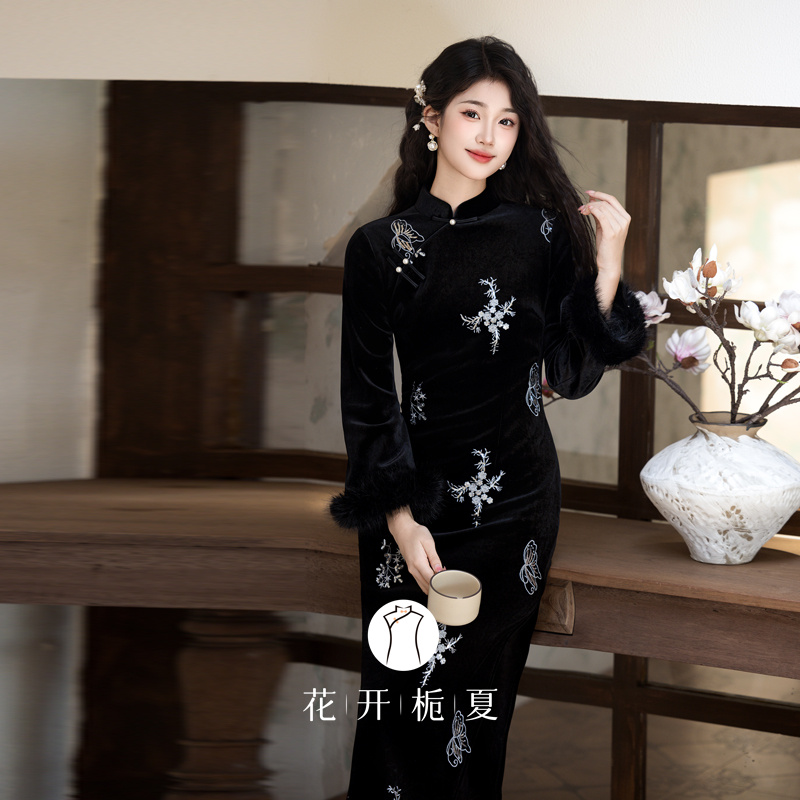新中式国风修身显瘦黑色加绒旗袍