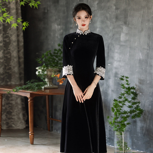 老上海复古风黑色丝绒旗袍气质名媛连衣裙2026新款高端修身