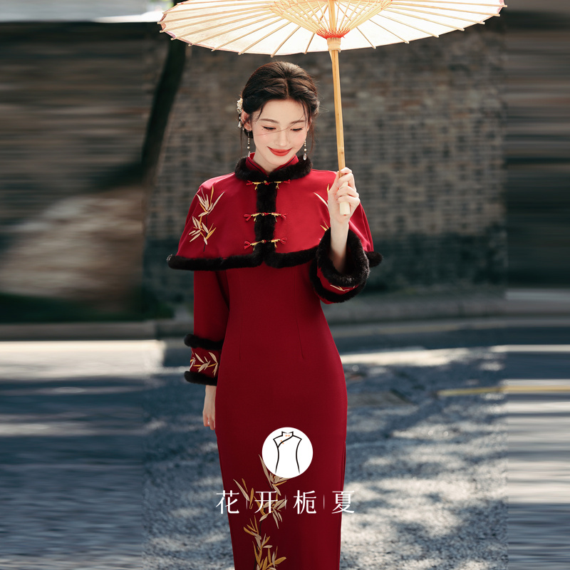 复古民国千金风斗篷披肩旗袍套装