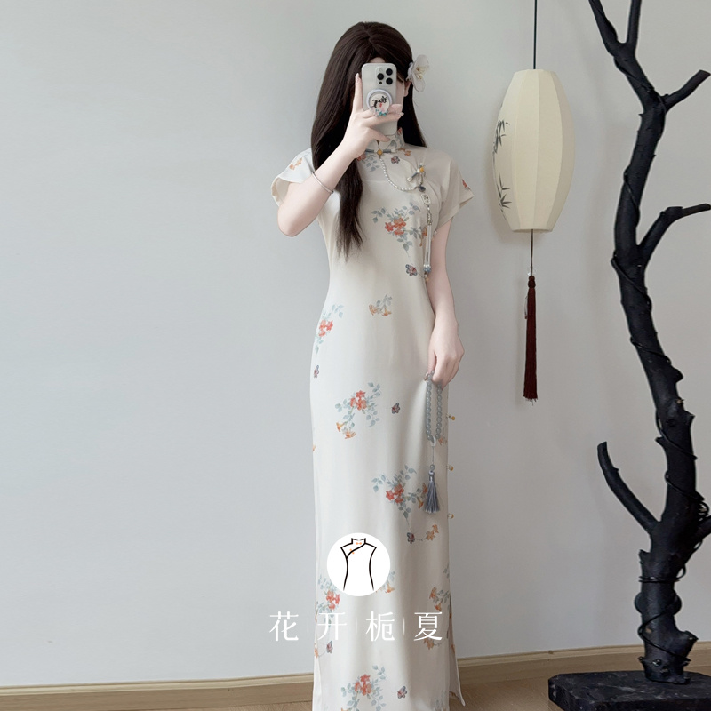 《晚渡风影》古法全开襟旗袍2025夏季新款新中式碎花连衣裙