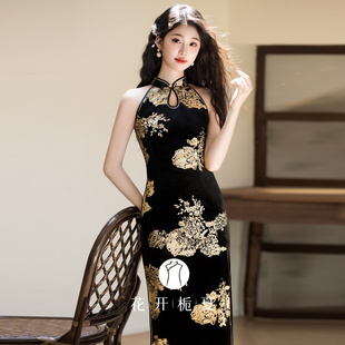 新中式改良无袖挂脖旗袍气质高级感烫金国风性感晚礼服年会10/10