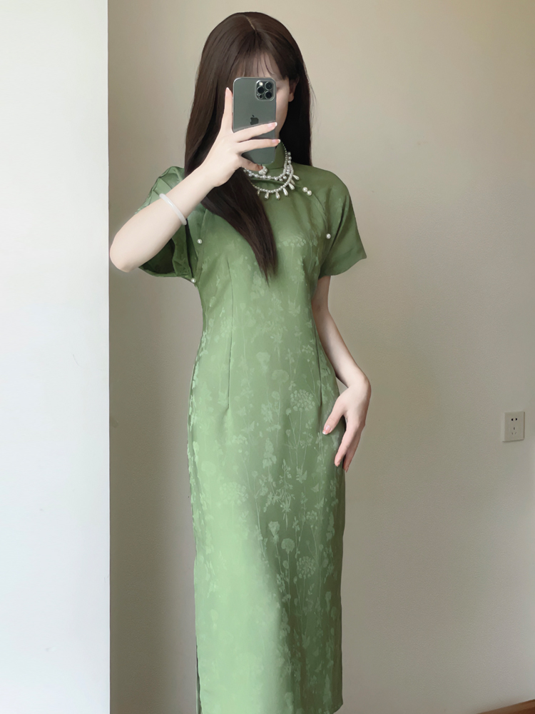 平肩连袖少女绿色旗袍2024年夏季新款复古国风连衣裙显瘦显高气质