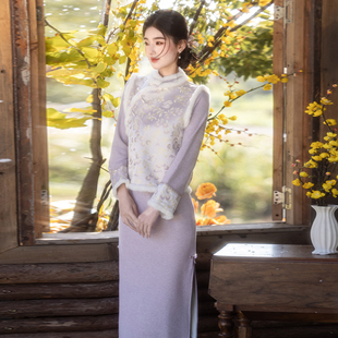 冬季紫色旗袍马甲套装加绒加厚冬装新中式国风少女拜年服12/24