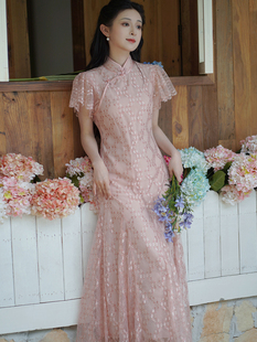 花开栀夏 粉色蕾丝鱼尾旗袍新中式改良修身显瘦少女连衣裙订婚