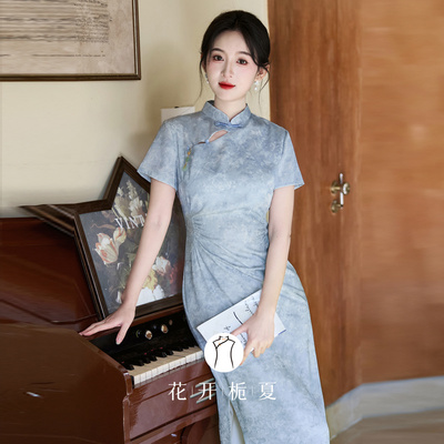 新中式改良蓝色旗袍收腰显瘦