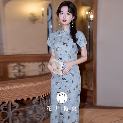 复古文艺少女蓝色猫咪旗袍