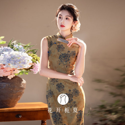 复古港风无袖旗袍弹力显瘦