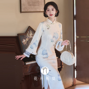 米白色素雅提花加绒旗袍新中式复古温柔少女加厚保暖连衣裙11/24