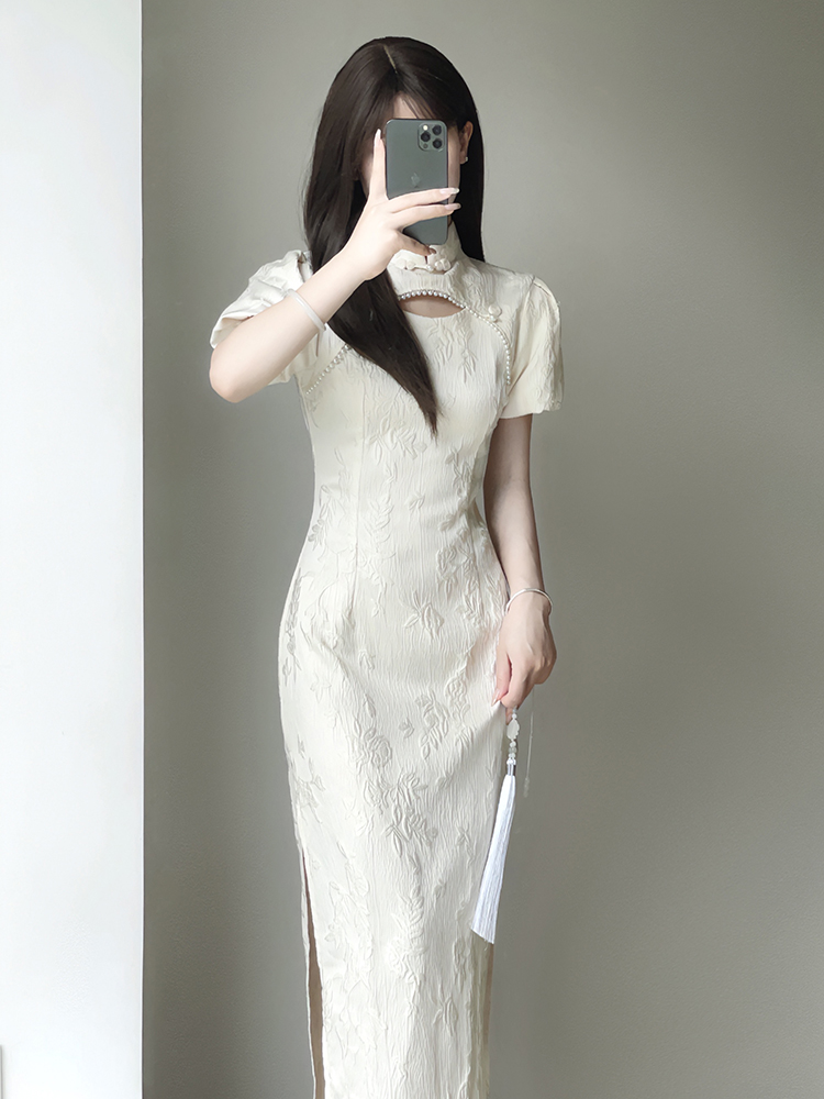 米白色提花旗袍2023年夏季新中式年轻款少女高端气质连衣裙礼服