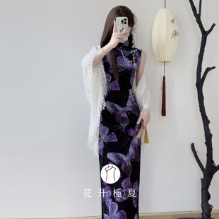 旗袍收腰显瘦蝴蝶印花连衣裙名媛风情万种裙子8 新中式 改良无袖